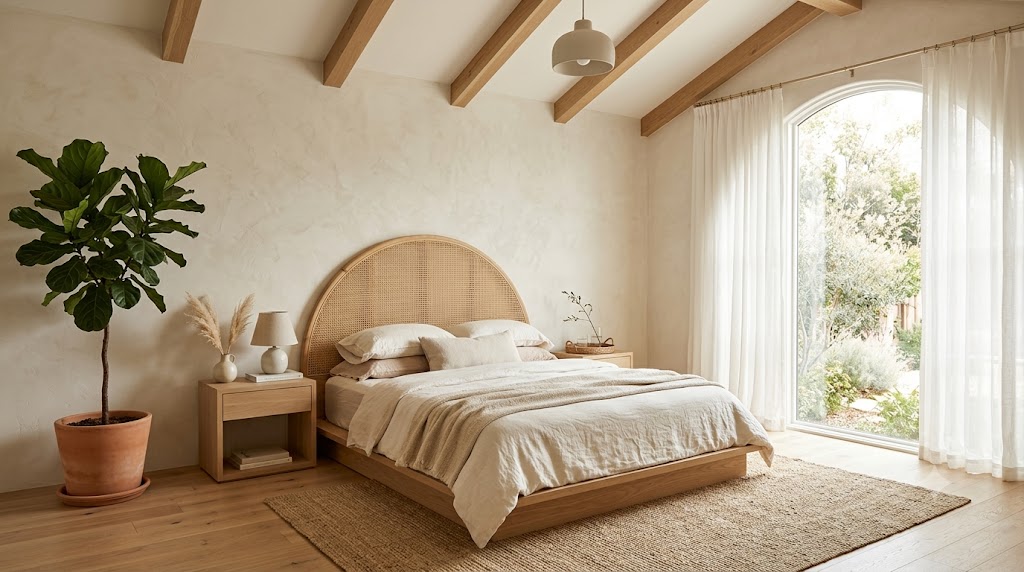 Woven Rattan & Cane Arch Headboards in Modern Boho Bedroom